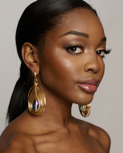 Gold Metal Wire Wrapped Crystal Statement Dangle Earrings