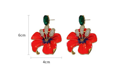 Gorgeous Red Flower Design Metal Rhinestone Statement Dangle Earrings