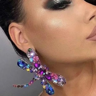 Multicolour Rhinestones Crystal Dragonfly Statement Stud Earrings