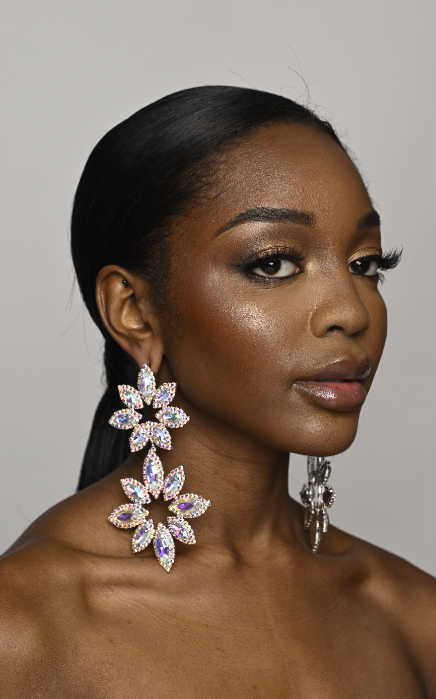Long Glamorous Diamante Rhinestone Flower Stud Earrings