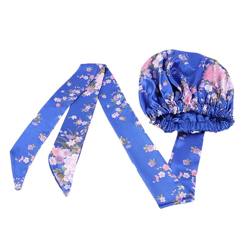 Large Floral Luxury Satin Silk Double Layered Headwraps Bonnet Caps