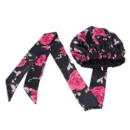 Large Floral Luxury Satin Silk Double Layered Headwraps Bonnet Caps