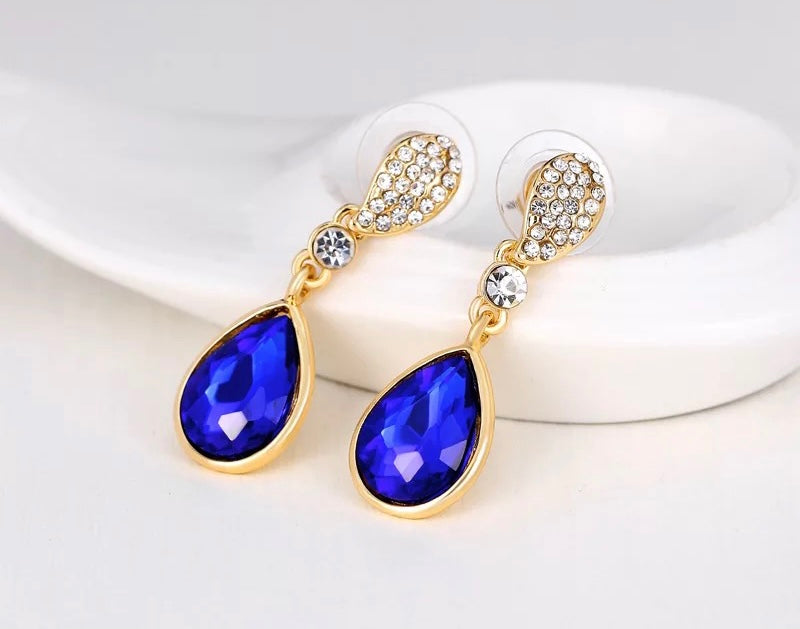 Elegant Classic Teardrop Style Blue Rhinestone Dangle Earrings