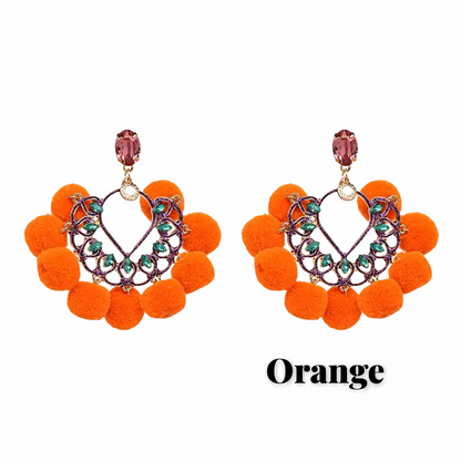 Bohemian Fan Shaped Pom Pom Balls Colourful Rhinestones Retro Earrings