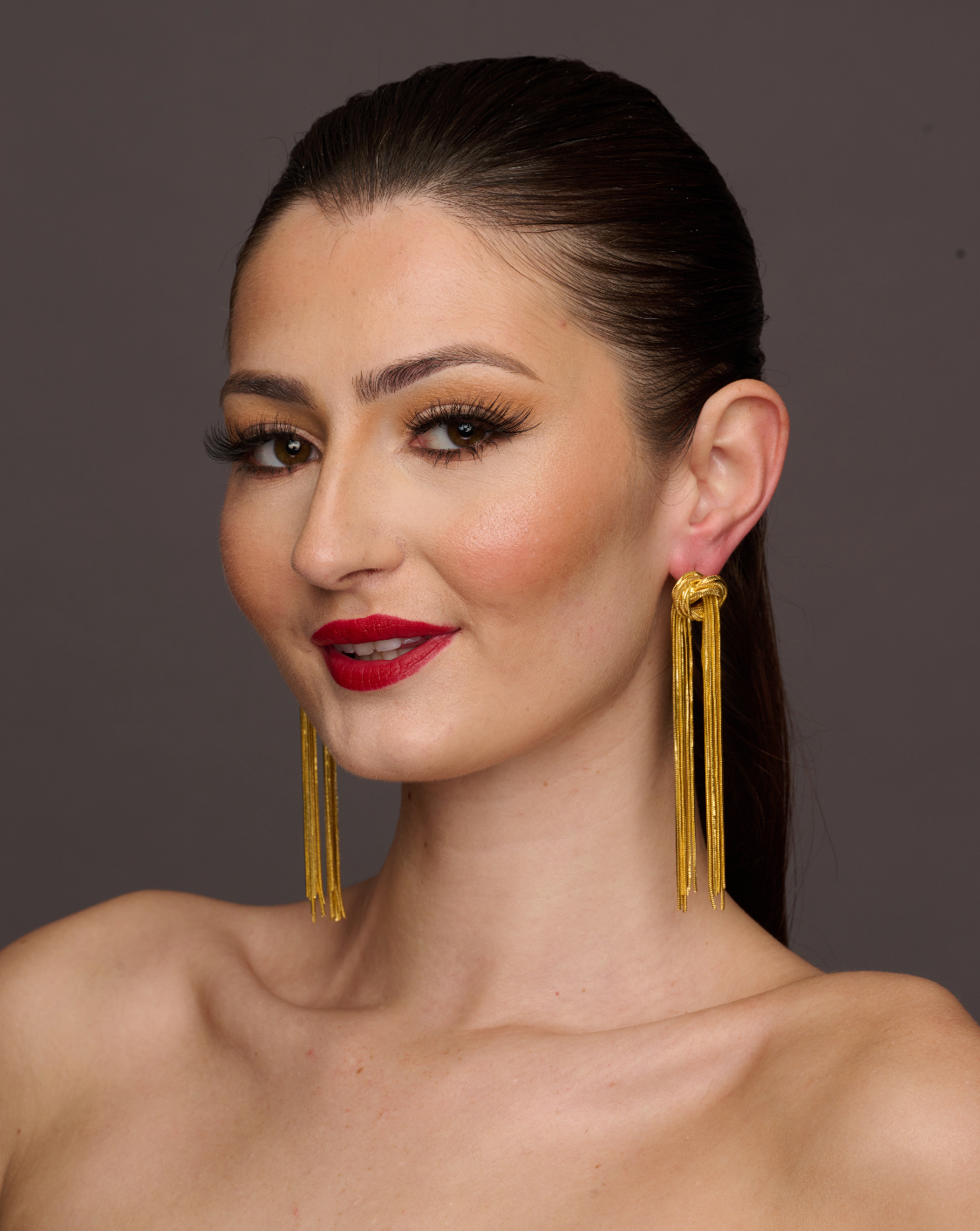 Elegant Long Gold Plated Stainless Steel Knot Tassels Statement Earrings