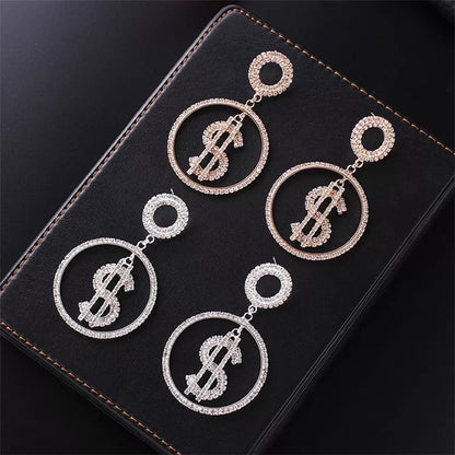 Dollar Sign Statement Diamante Rhinestone Dangle Earrings