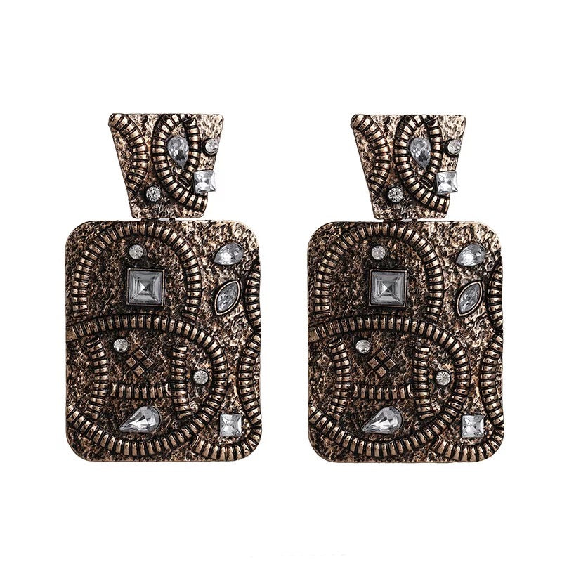 Elegant Rectangle Ethnic Tribal Boho Rhinestone Statement Dangle Stud Earrings