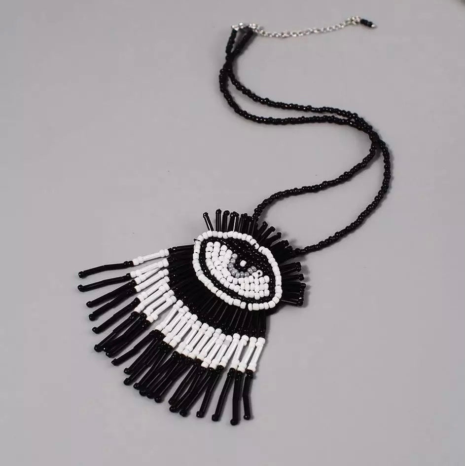 Tribal Ethnic Style Beaded Eye Tassel Pendant Disc Necklace