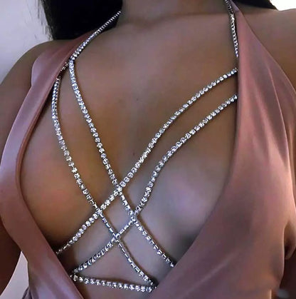 Crystal Rhinestone Double Layered Cross Bra Statement Body Chain Jewellery