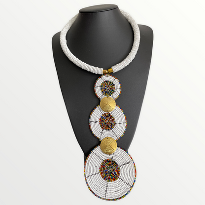 Authentic AfricanTribal Ethnic Fashion Beaded Disc Pendant Necklace