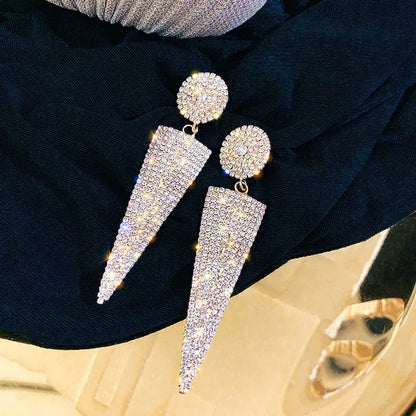 Long Glamorous Statement Crystals Rhinestone Triangle Earrings