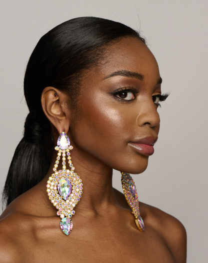 Long Elegant Glamorous AB Colour Diamante Rhinestones Statement Stud Earrings