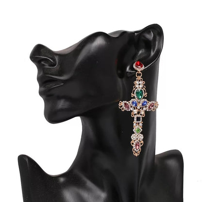 Multicolour Crystal Sparkling Rhinestone Diamante Cross Statement Earrings
