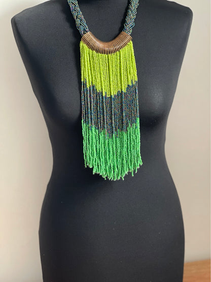 Authentic Green African Beaded Tribal Ethnic Fringe Tassel Brass Pendant