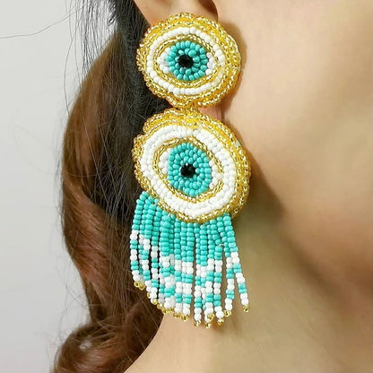Beautiful Bohemian Tribal Eye Beaded Tassel Dangle Earrings