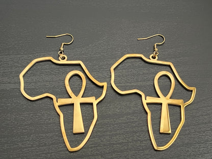 Large Africa Map Shaped Ankh Key Dangle Statement Earrings