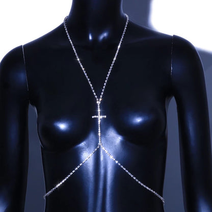 Centred Rhinestone Cross Bralette Statement Body Chain Jewellery