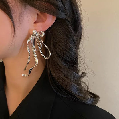 Silver Elegant Alloy Bow Rhinestone Statement Stud Earrings