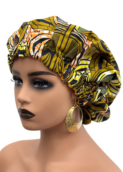 African Ankara Cotton Print Fabric With Satin Silk Lining Revisable Bonnet Caps