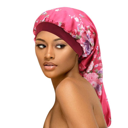 Printed Satin Silk Single Layered Long Bonnet Caps For Braids And Long Hair