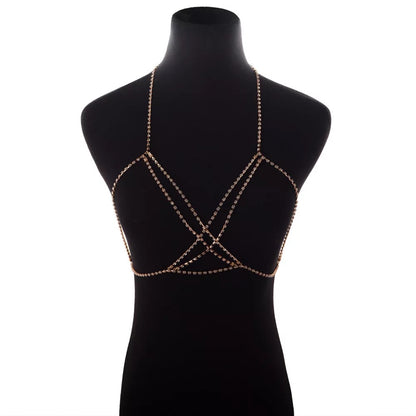 Crystal Rhinestone Double Layered Cross Bra Statement Body Chain Jewellery