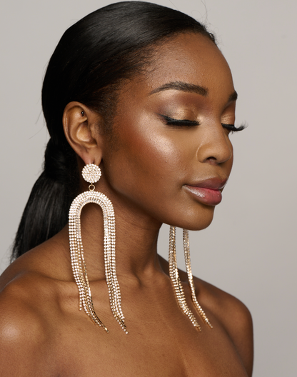 Long Glamorous Statement Crystal Diamante Rhinestone Stud Tassel Earrings