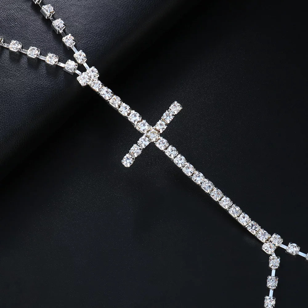 Centred Rhinestone Cross Bralette Statement Body Chain Jewellery