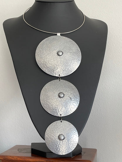 Authentic African Hammered Silver Metal Long Pendant Necklace