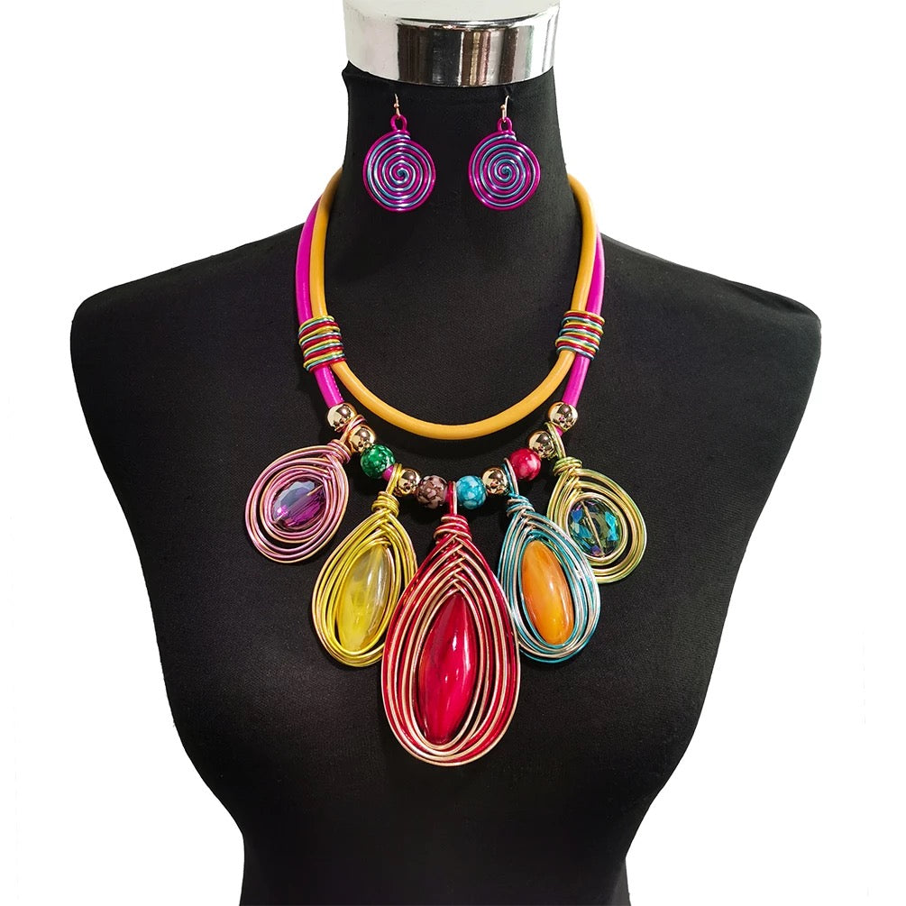 Bohemian Colourful Crystal Beads Twisted Wire Ethnic Statement Pendant Set