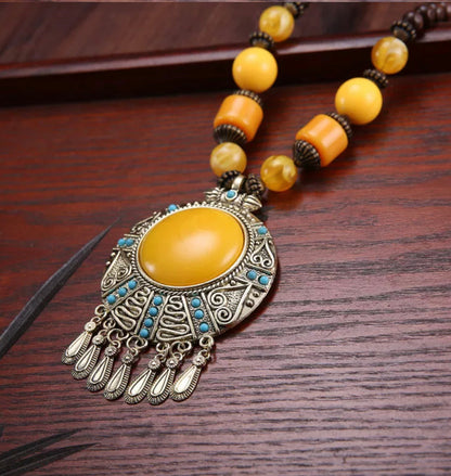 Bohemia Ethnic Tribal Beaded Resin Pendant Necklace