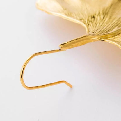 24K Gold Plated Hammered Alloy Metal Gingko Leaves Shaped Drop Earrings