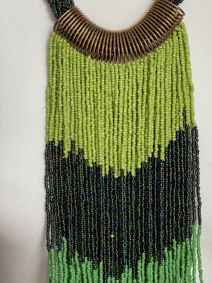 Authentic Green African Beaded Tribal Ethnic Fringe Tassel Brass Pendant