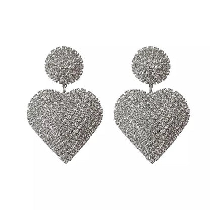 Glamorous Silver Statement Diamante Heart Shaped Rhinestone Earrings