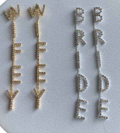 Long Rhinestones Letters BRIDE WIFEY Crystal Diamante Stud Earrings