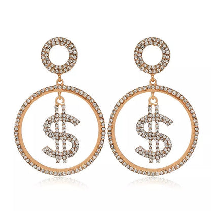 Dollar Sign Statement Diamante Rhinestone Dangle Earrings
