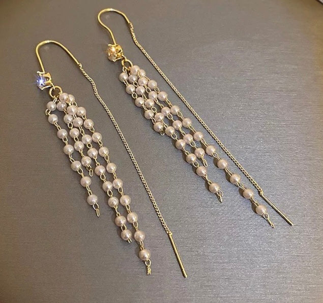 Elegant Crystal Diamante Rhinestone Faux Pearls Tassels Earrings