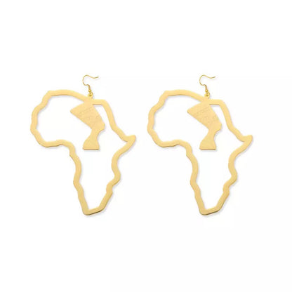 Large oversized Gold Plated Africa Map Shaped Queen Nefertiti Statement Earrings