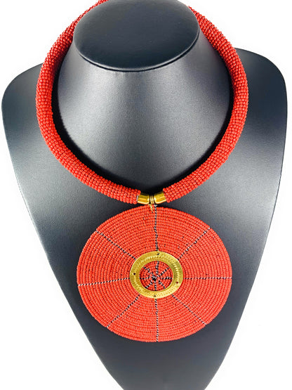 African Beaded Disc Pendant Necklaces