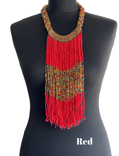 Authentic African Beaded Tribal Ethnic Fringe Tassel Brass Pendant Necklace