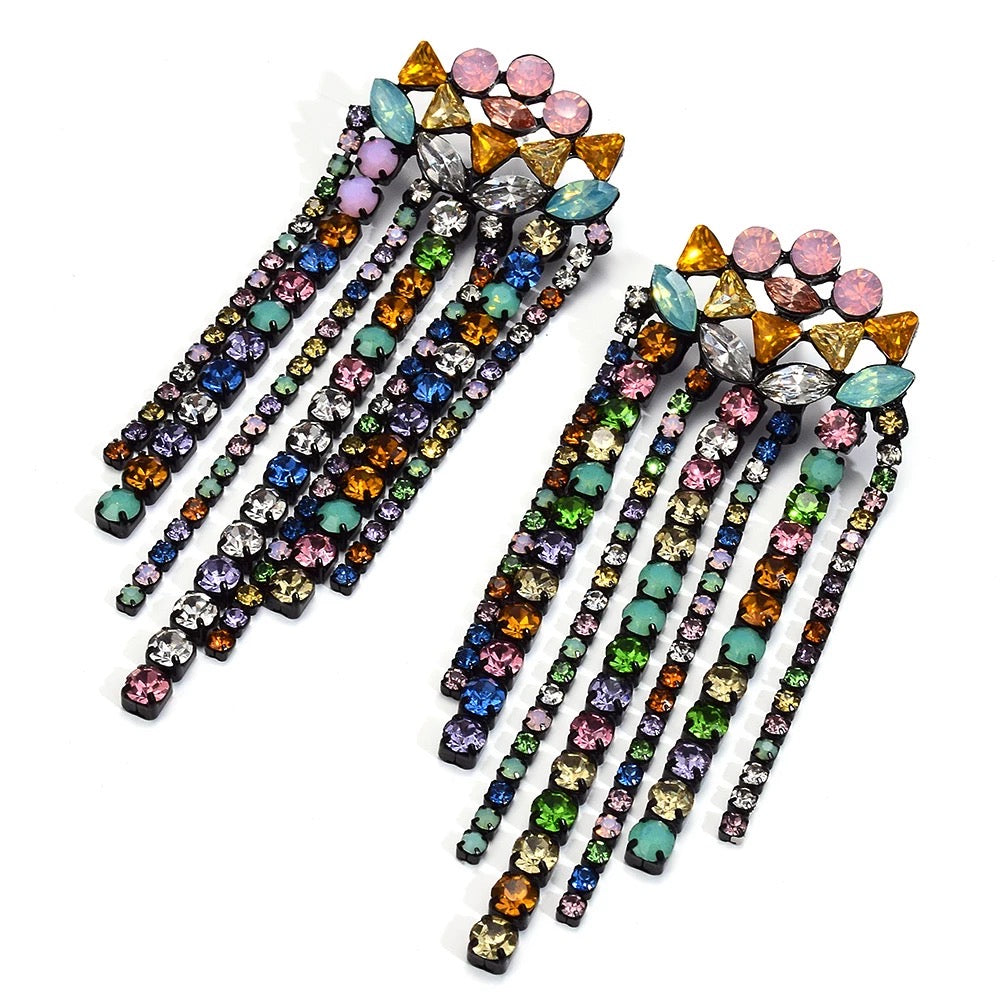 Long Multicolour Glamorous Statement Diamante Rhinestone Tassel Stud Earrings