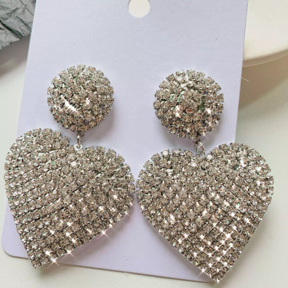 Glamorous Silver Statement Diamante Heart Shaped Rhinestone Earrings