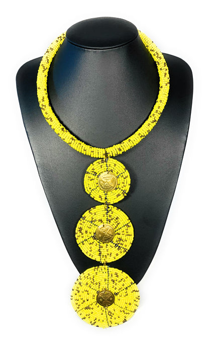 Authentic AfricanTribal Ethnic Fashion Beaded Disc Pendant Necklace