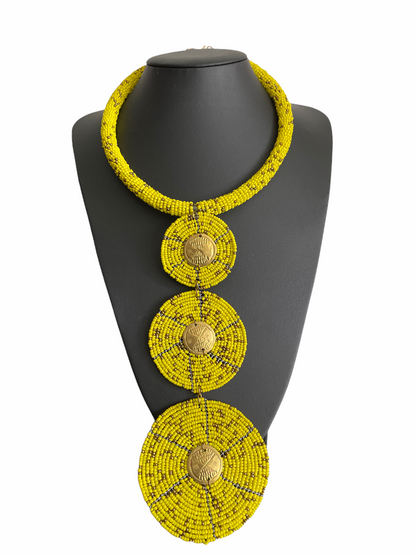 Authentic AfricanTribal Ethnic Fashion Beaded Disc Pendant Necklace