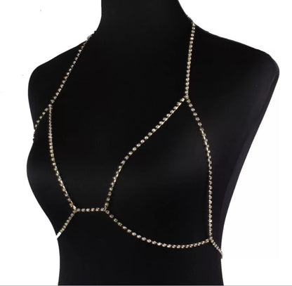 Crystal Rhinestone Single Layered Cross Bra Statement Body Chain Jewelle