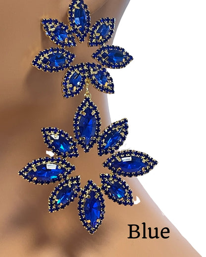 Long Glamorous Diamante Rhinestone Flower Stud Earrings