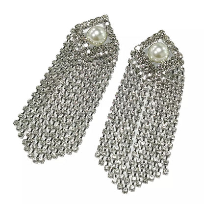 Glamorous Statement Diamante Rhinestone Faux Pearl Tassel Stud Earrings