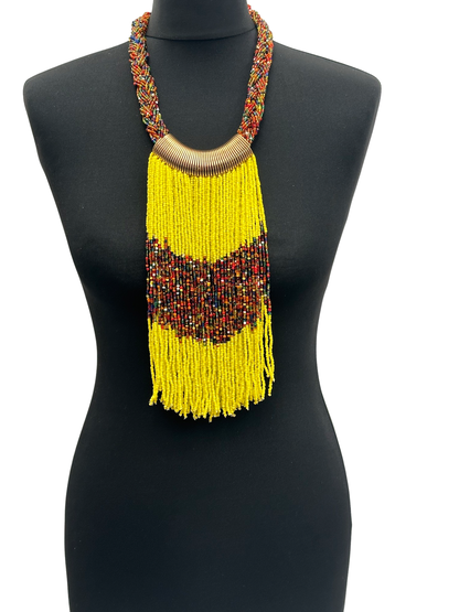 Authentic African Beaded Tribal Ethnic Fringe Tassel Brass Pendant Necklace