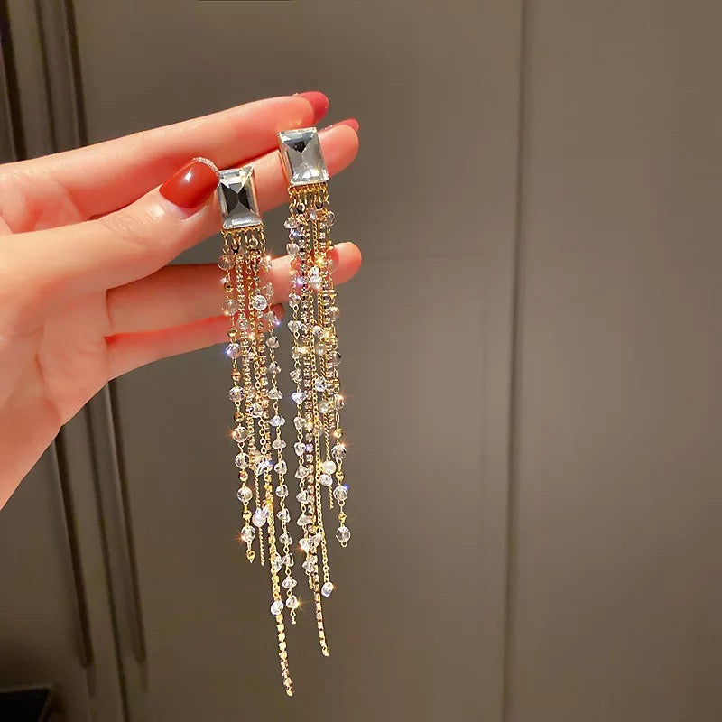 Long Elegant Crystal Diamante Rhinestone Tassel Earrings