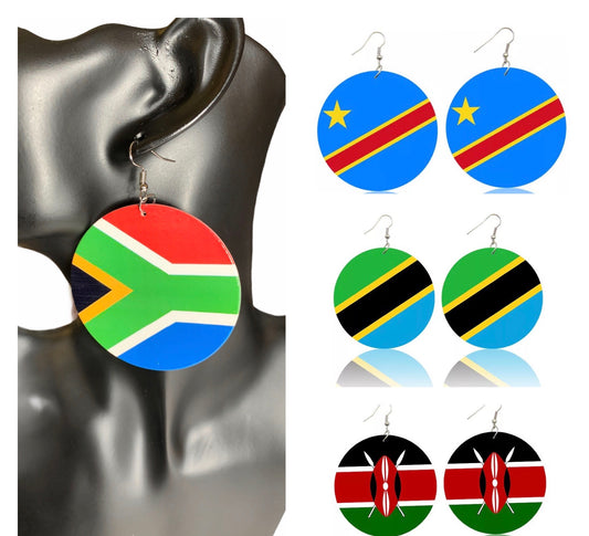 South And East Africa Flags Hand Painted Wooden Dangle Earrings