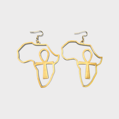 Large Africa Map Shaped Ankh Key Dangle Statement Earrings
